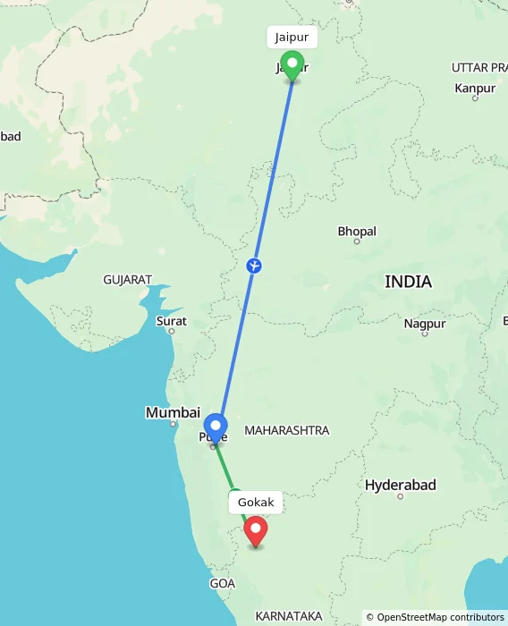 Route map showing distance and travel time from Jaipur, India to Gokak, India