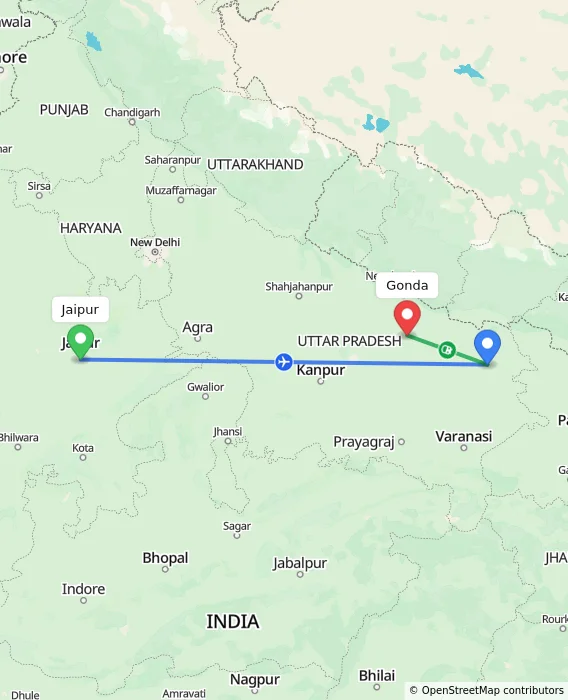 Route map showing distance and travel time from Jaipur, India to Gonda, India