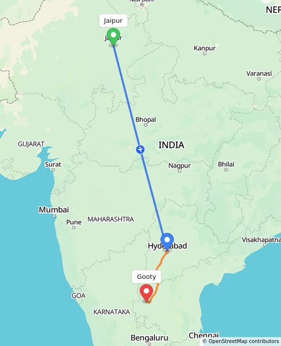 Route map showing distance and travel time from Jaipur, India to Gooty, India