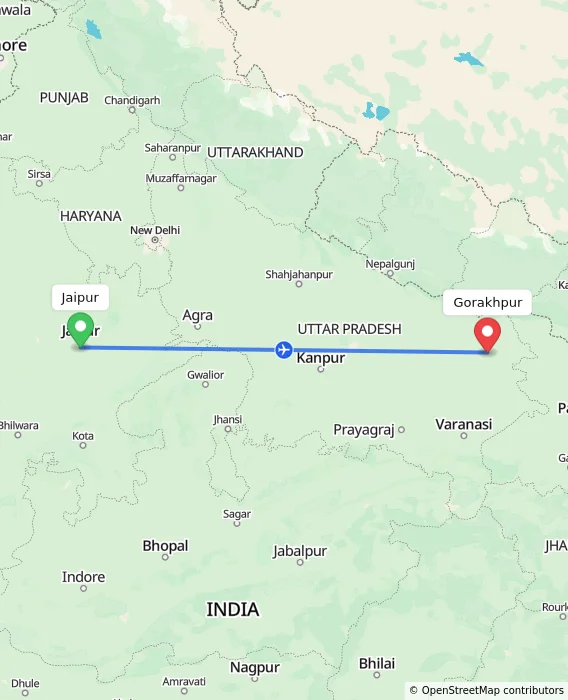 Route map showing distance and travel time from Jaipur, India to Gorakhpur, India