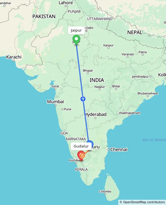 Route map showing distance and travel time from Jaipur, India to Gudalur, India