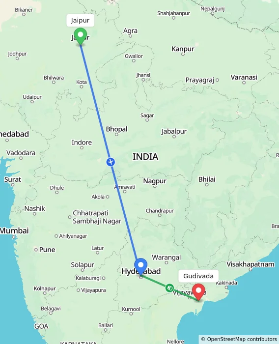 Route map showing distance and travel time from Jaipur, India to Gudivada, India