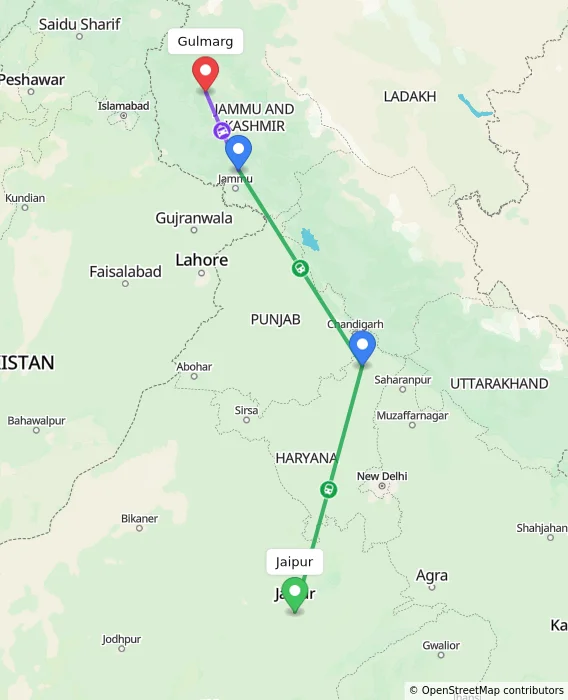 Route map showing distance and travel time from Jaipur, India to Gulmarg, India