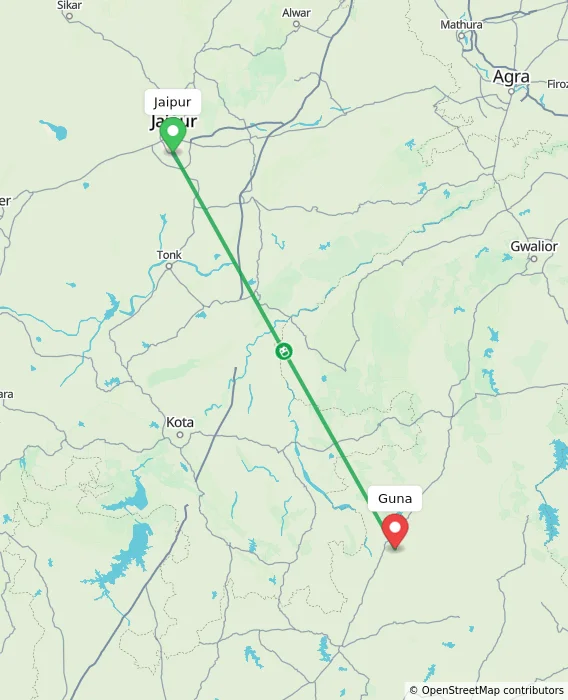 Route map showing distance and travel time from Jaipur, India to Guna, India