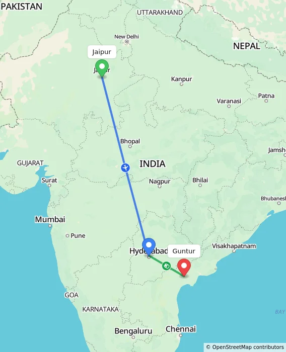 Route map showing distance and travel time from Jaipur, India to Guntur, India