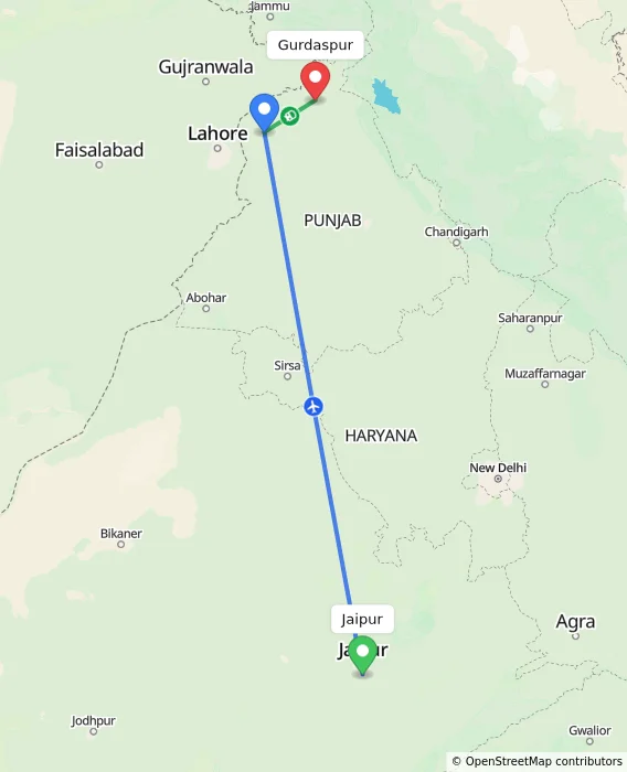 Route map showing distance and travel time from Jaipur, India to Gurdaspur, India