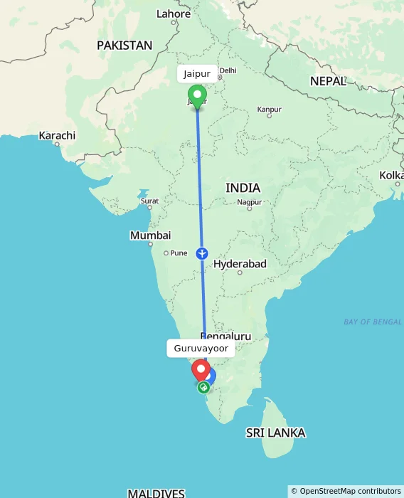 Route map showing distance and travel time from Jaipur, India to Guruvayoor, India