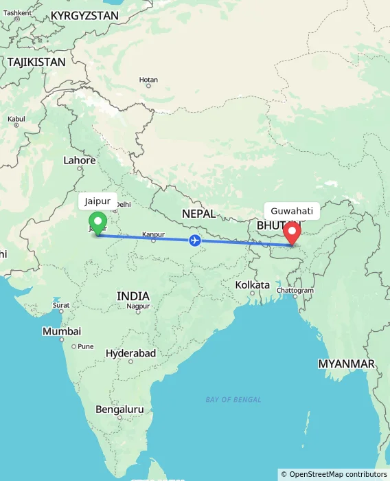 Route map showing distance and travel time from Jaipur, India to Guwahati, India