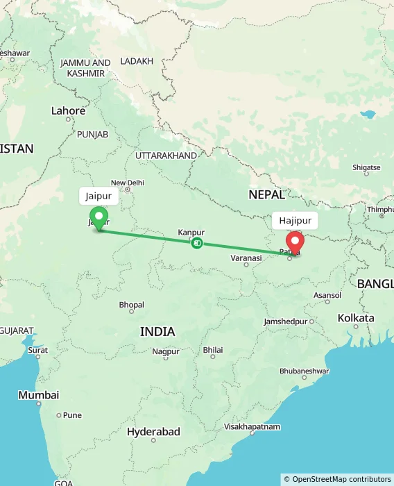 Route map showing distance and travel time from Jaipur, India to Hajipur, India