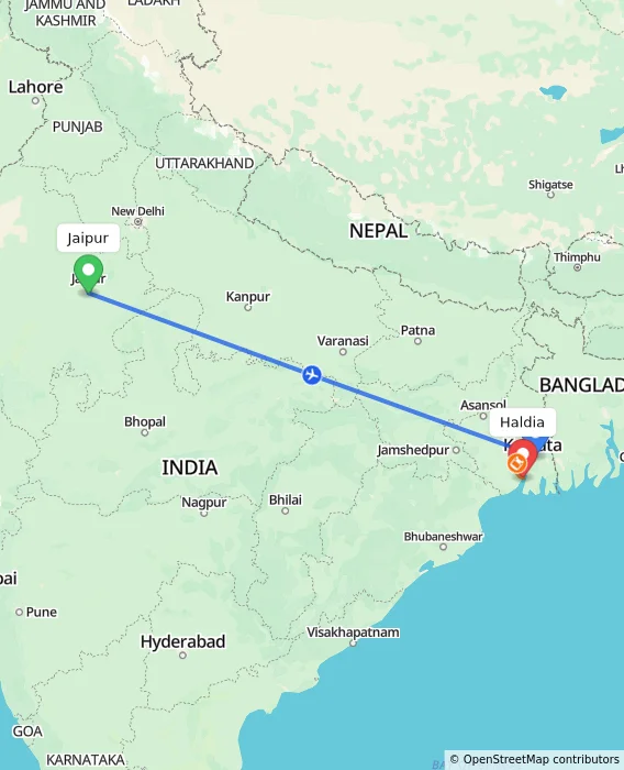 Route map showing distance and travel time from Jaipur, India to Haldia, India