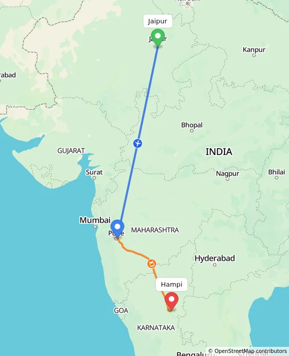 Route map showing distance and travel time from Jaipur, India to Hampi, India