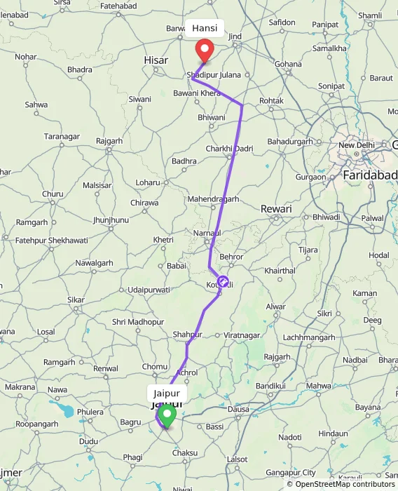 Route map showing distance and travel time from Jaipur, India to Hansi, India