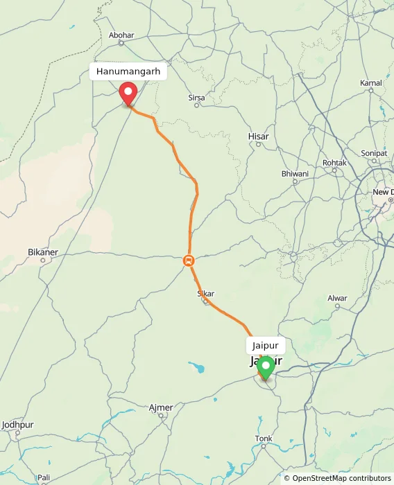 Route map showing distance and travel time from Jaipur, India to Hanumangarh, India