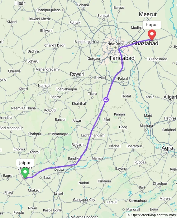 Route map showing distance and travel time from Jaipur, India to Hapur, India