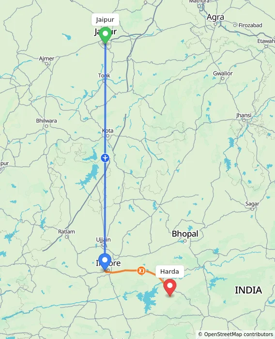 Route map showing distance and travel time from Jaipur, India to Harda, India