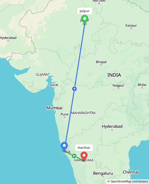 Route map showing distance and travel time from Jaipur, India to Harihar, India