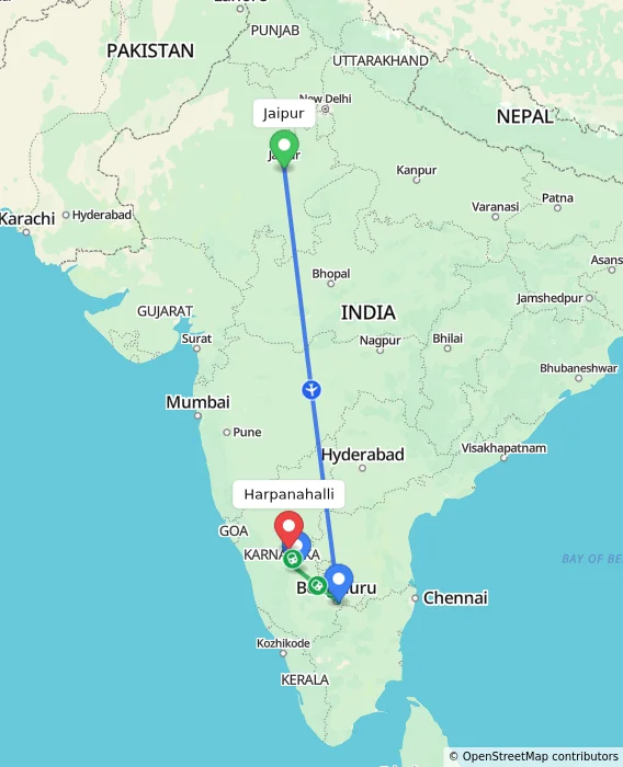 Route map showing distance and travel time from Jaipur, India to Harpanahalli, India