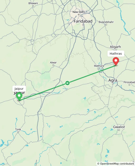 Route map showing distance and travel time from Jaipur, India to Hathras, India
