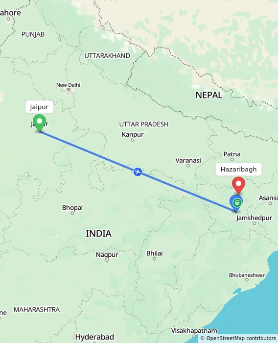 Route map showing distance and travel time from Jaipur, India to Hazaribagh, India