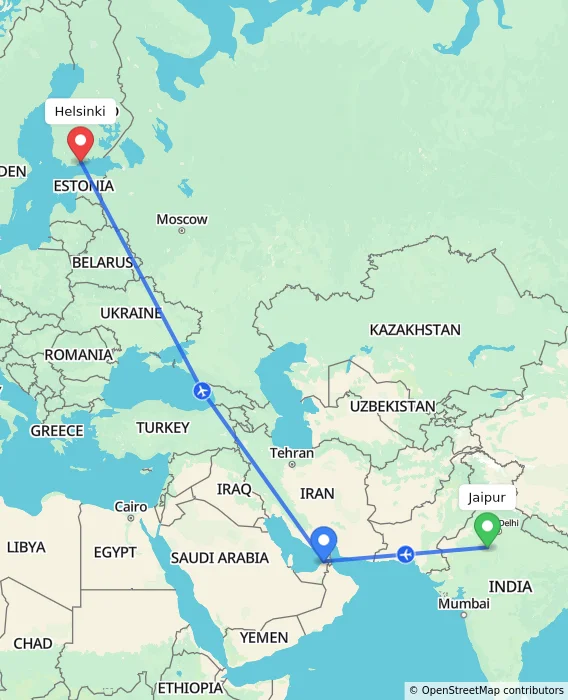 Route map showing distance and travel time from Jaipur, India to Helsinki, Finland