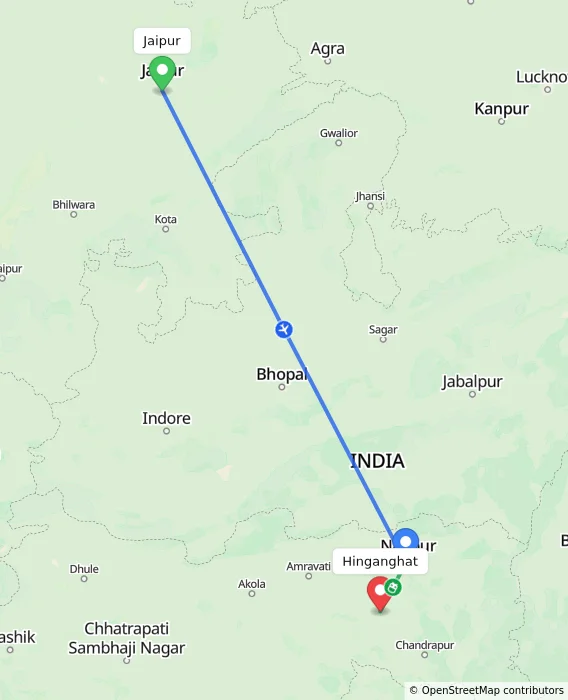 Route map showing distance and travel time from Jaipur, India to Hinganghat, India