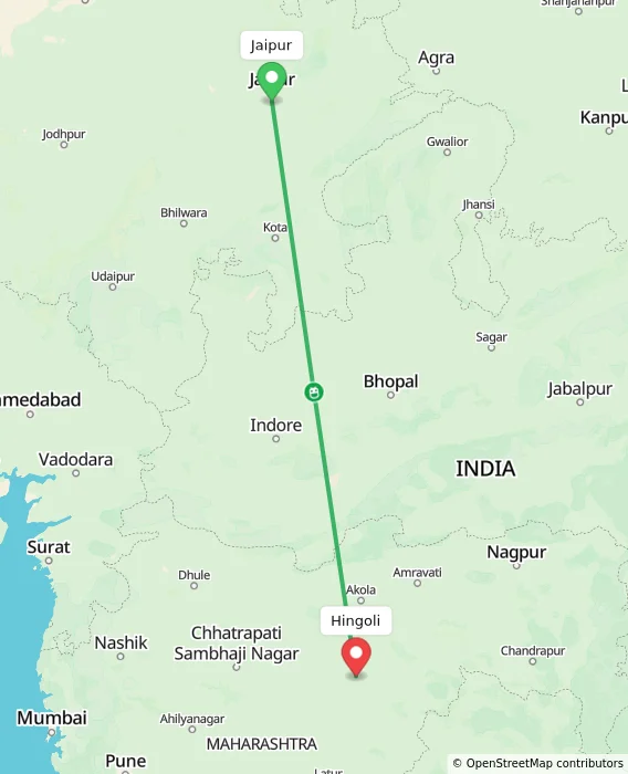 Route map showing distance and travel time from Jaipur, India to Hingoli, India