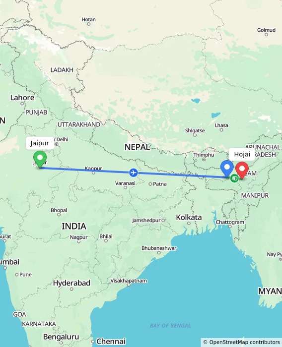 Route map showing distance and travel time from Jaipur, India to Hojai, India