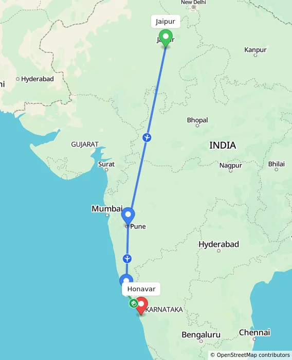 Route map showing distance and travel time from Jaipur, India to Honavar, India