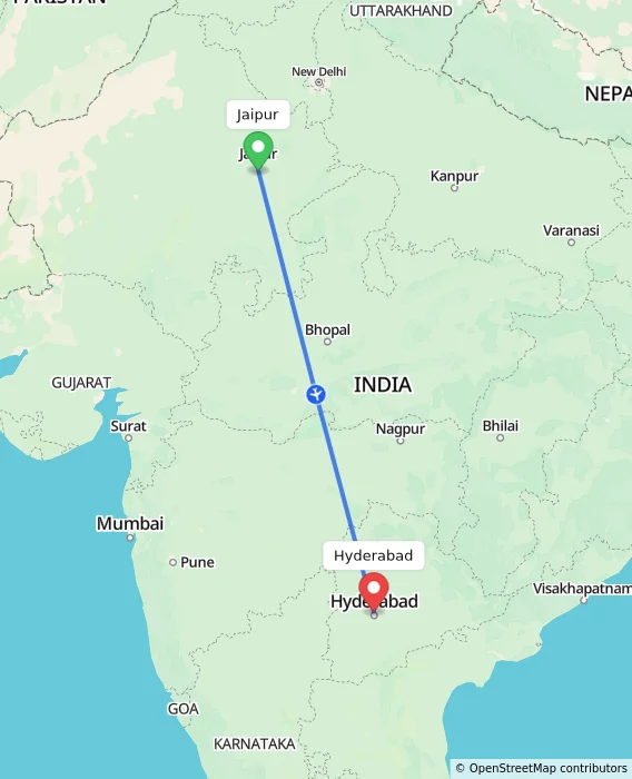 Route map showing distance and travel time from Jaipur, India to Hyderabad, India