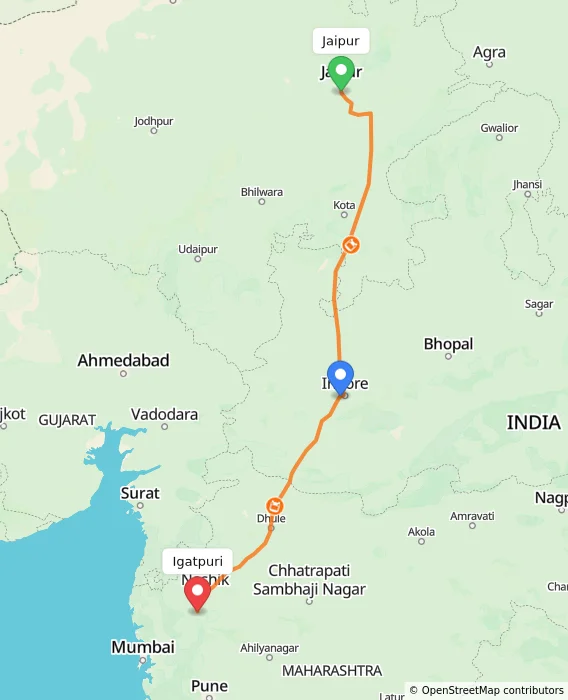 Route map showing distance and travel time from Jaipur, India to Igatpuri, India
