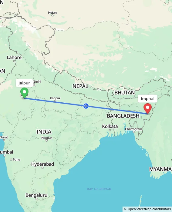 Route map showing distance and travel time from Jaipur, India to Imphal, India