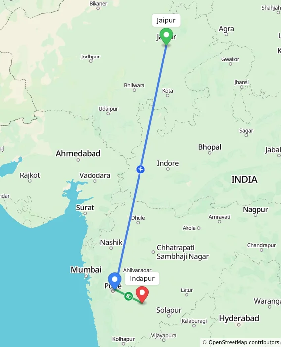 Route map showing distance and travel time from Jaipur, India to Indapur, India