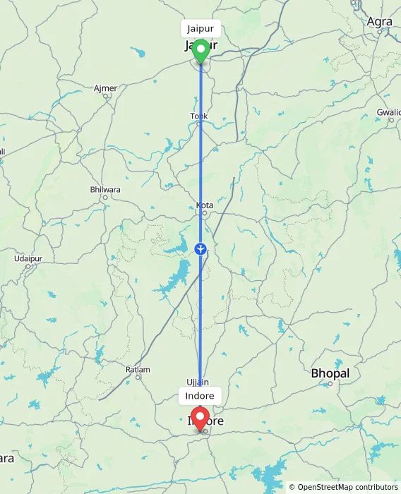 Route map showing distance and travel time from Jaipur, India to Indore, India