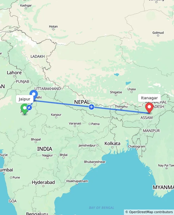 Route map showing distance and travel time from Jaipur, India to Itanagar, India