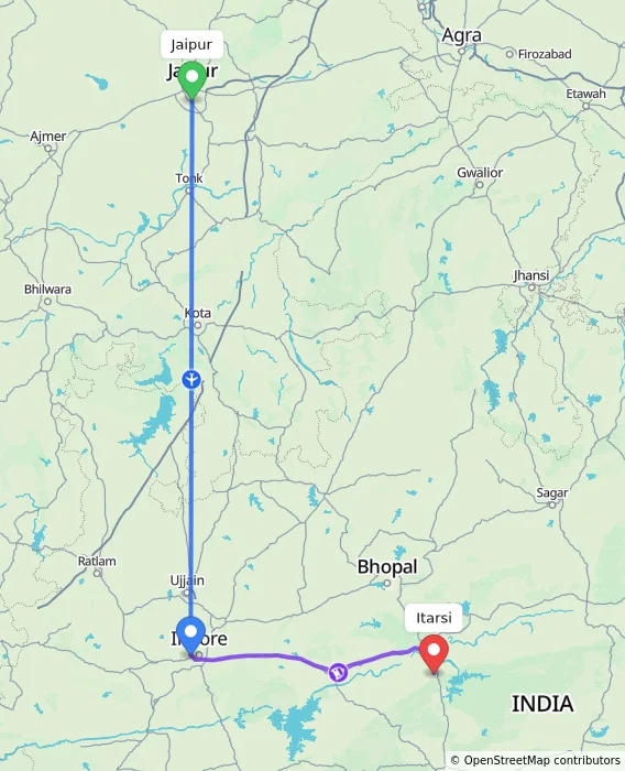 Route map showing distance and travel time from Jaipur, India to Itarsi, India