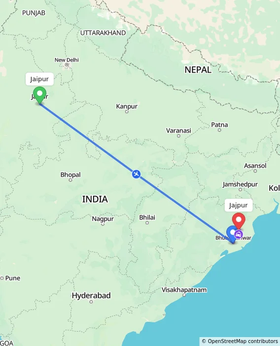 Route map showing distance and travel time from Jaipur, India to Jajpur, India