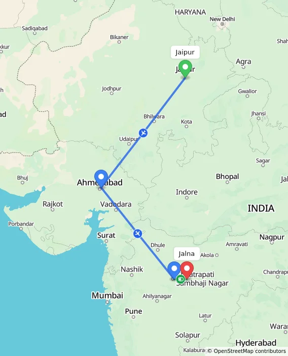 Route map showing distance and travel time from Jaipur, India to Jalna, India