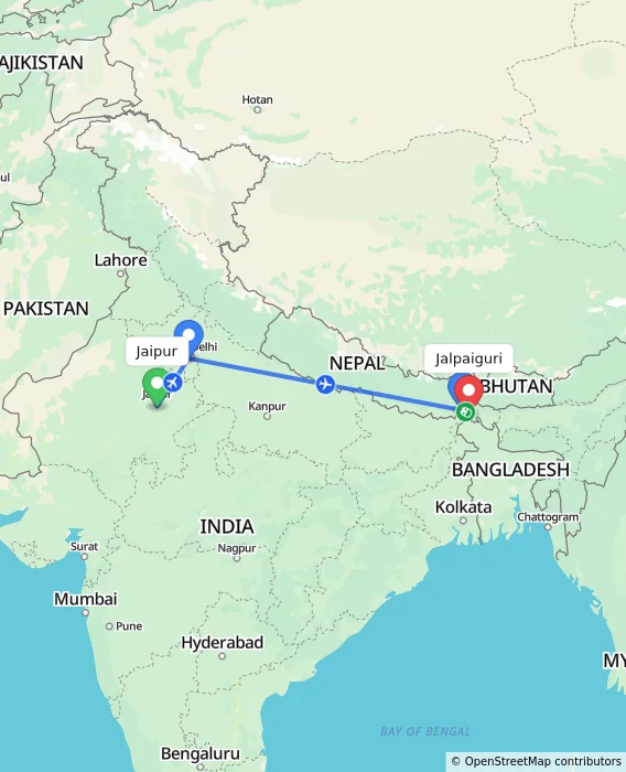 Route map showing distance and travel time from Jaipur, India to Jalpaiguri, India