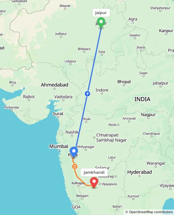 Route map showing distance and travel time from Jaipur, India to Jamkhandi, India