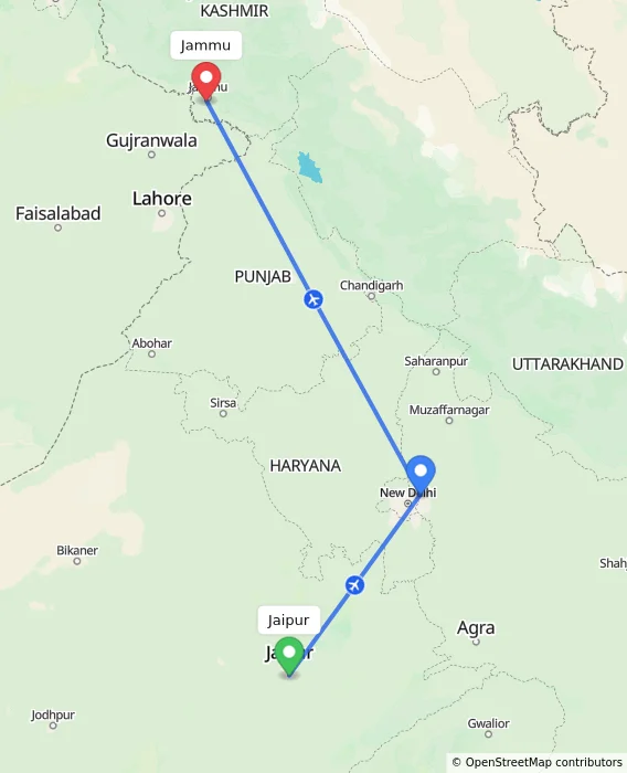 Route map showing distance and travel time from Jaipur, India to Jammu, India