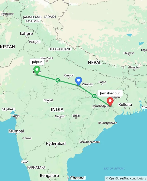 Route map showing distance and travel time from Jaipur, India to Jamshedpur, India