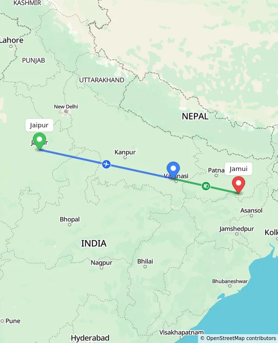Route map showing distance and travel time from Jaipur, India to Jamui, India