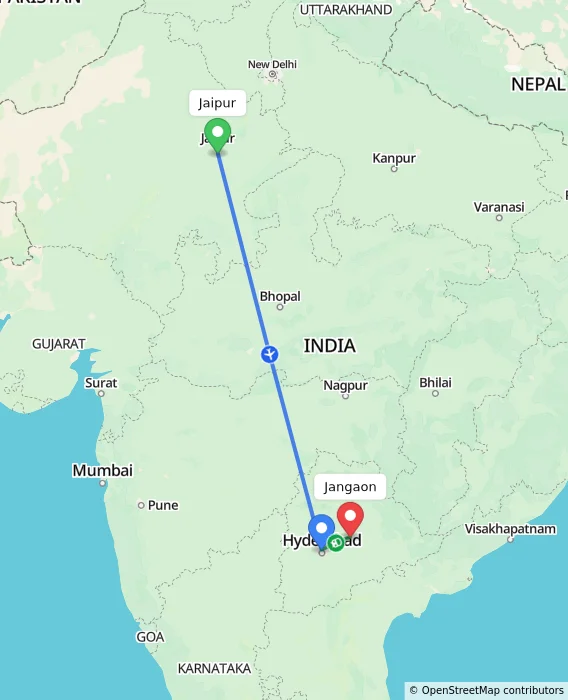 Route map showing distance and travel time from Jaipur, India to Jangaon, India