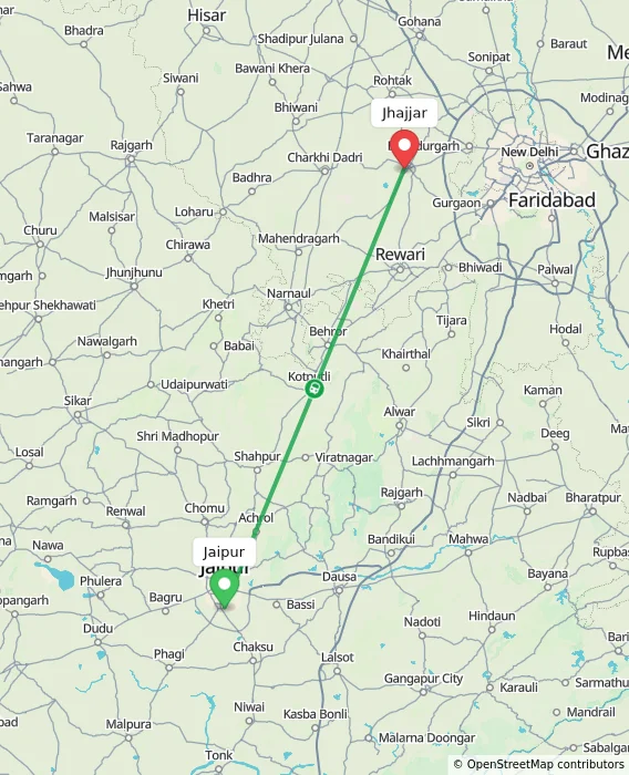 Route map showing distance and travel time from Jaipur, India to Jhajjar, India