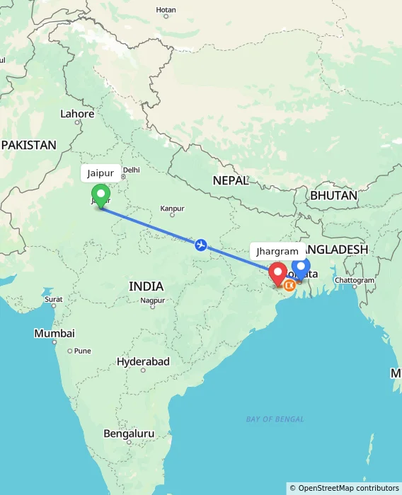 Route map showing distance and travel time from Jaipur, India to Jhargram, India