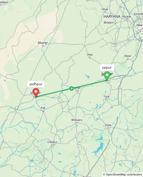 Route map showing distance and travel time from Jaipur, India to Jodhpur, India