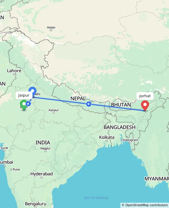Route map showing distance and travel time from Jaipur, India to Jorhat, India