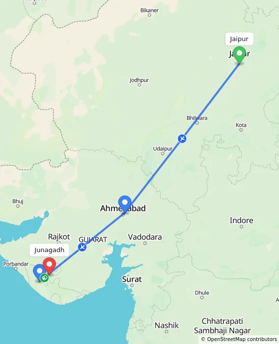 Route map showing distance and travel time from Jaipur, India to Junagadh, India