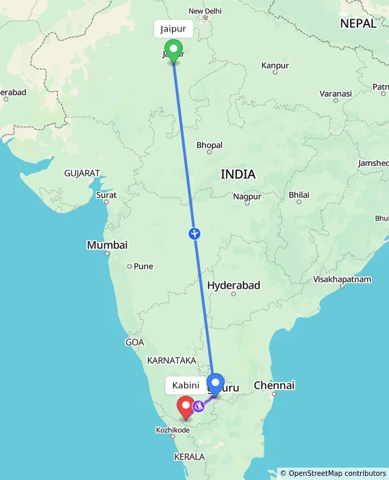 Route map showing distance and travel time from Jaipur, India to Kabini, India