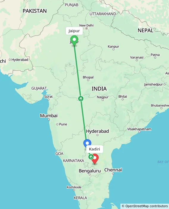 Route map showing distance and travel time from Jaipur, India to Kadiri, India